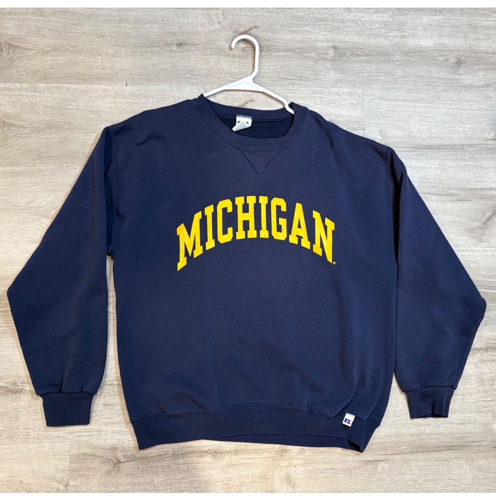 Vintage Russell Athletic‎ Michigan Wolverines Sweatshirt Navy Blue Mens Large